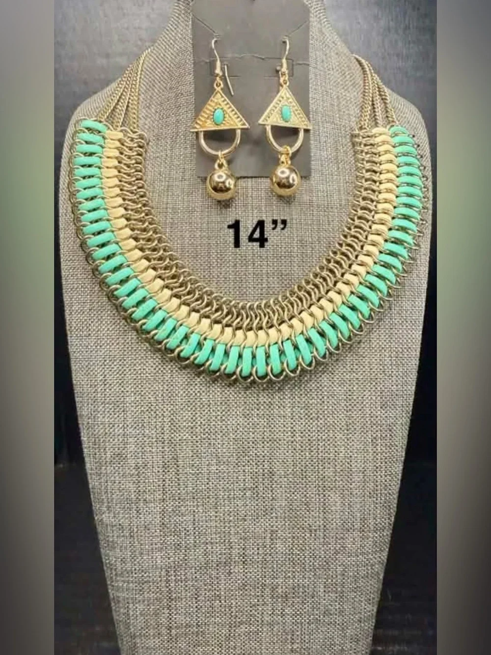 Gold and Turquoise Statement Necklace and Earring Set - Women Jewelry